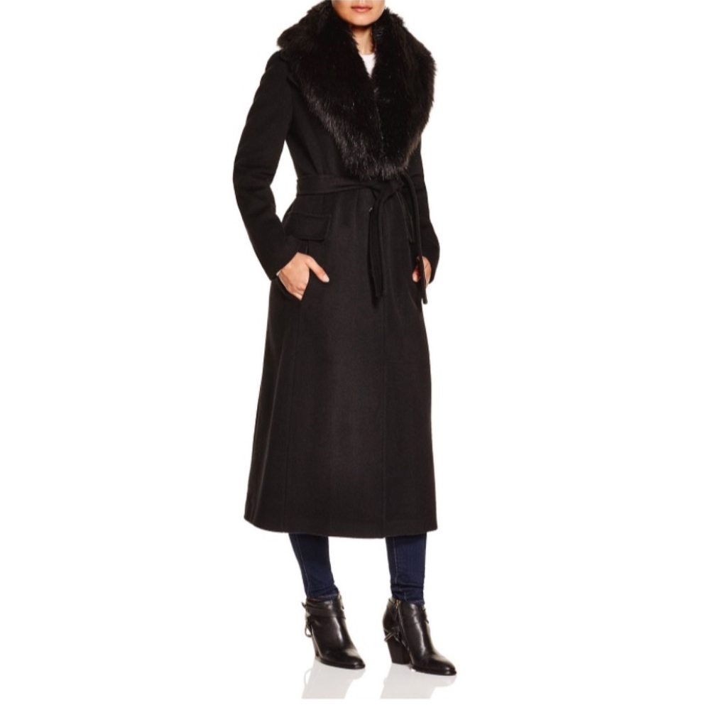 Calvin Klein Faux Fur Trim Wrap Coat